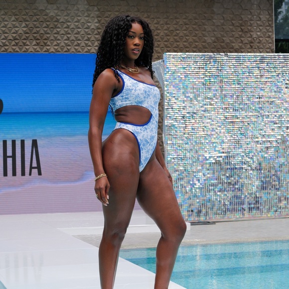 Asymmetrical Blue and White One-Piece Swimsuit - Picture 8 of 16